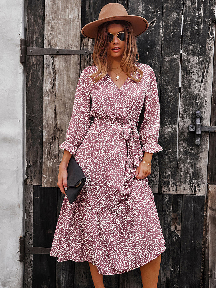 V Neck Boho Ruffle Flowy Midi Dress