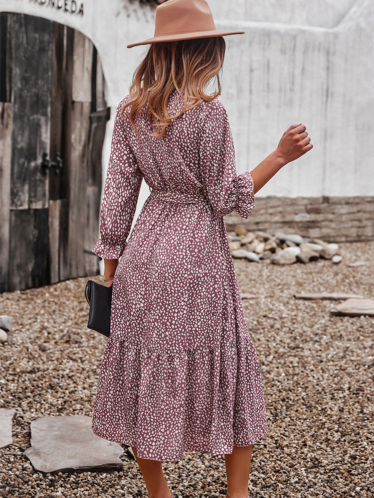 V Neck Boho Ruffle Flowy Midi Dress