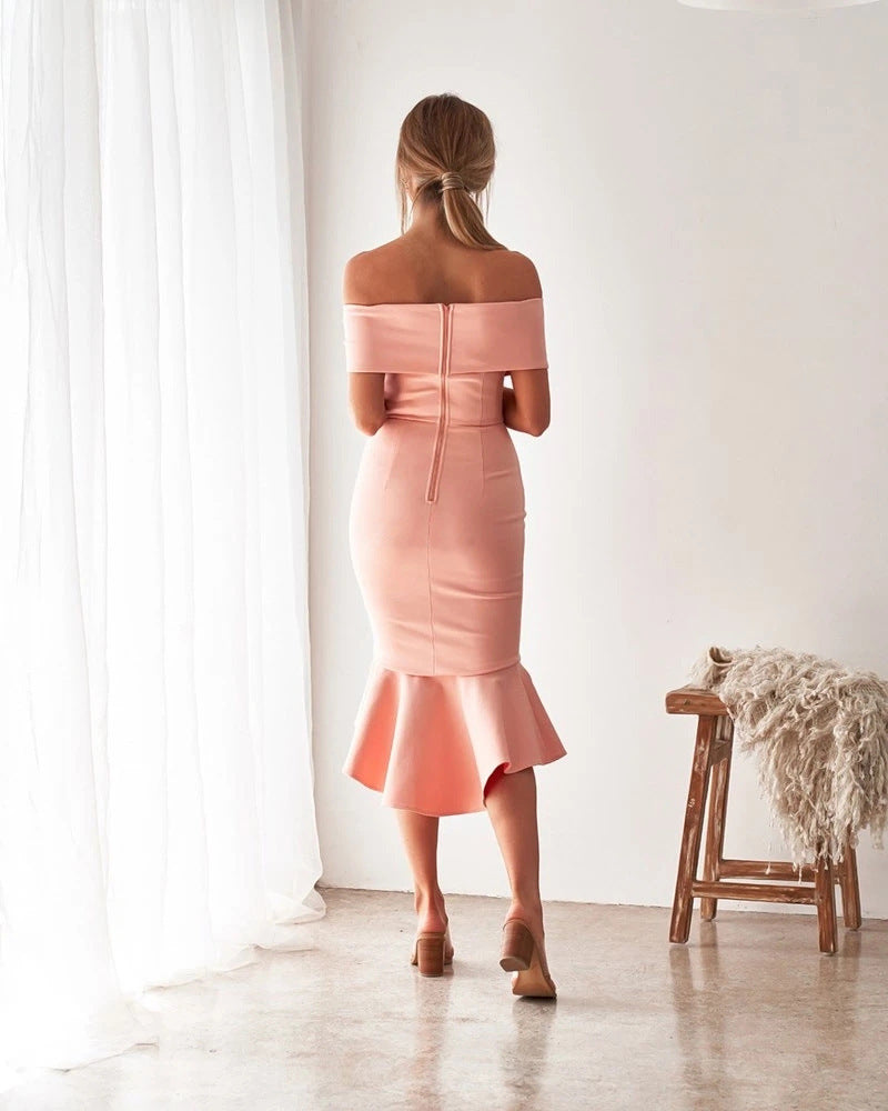 Off Shoulder Ruffle Bodycon Midi Dress