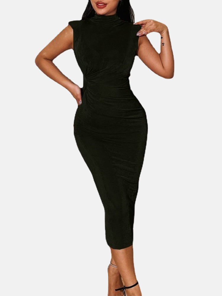 Ruched High Collar Shoulder Maxi Dress