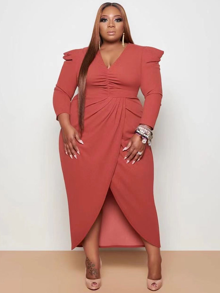 V Neck Solid Color Midi Dress