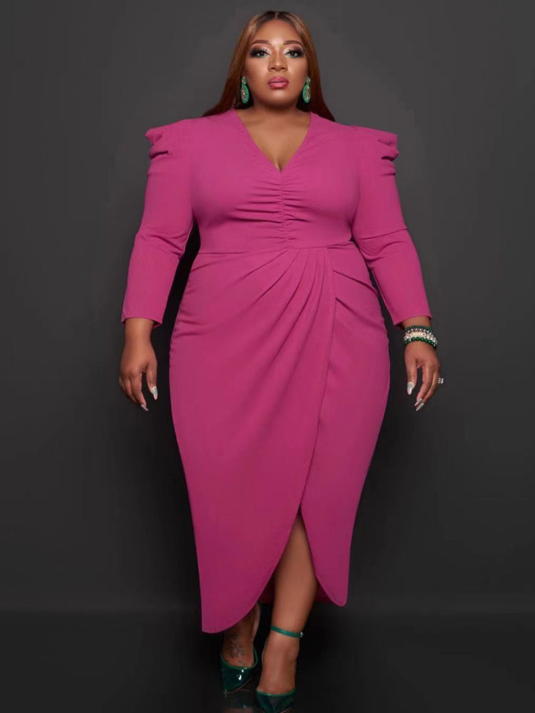 V Neck Solid Color Midi Dress