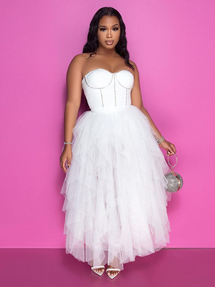 Rhinestone Tube Tulle Prom Midi Dress