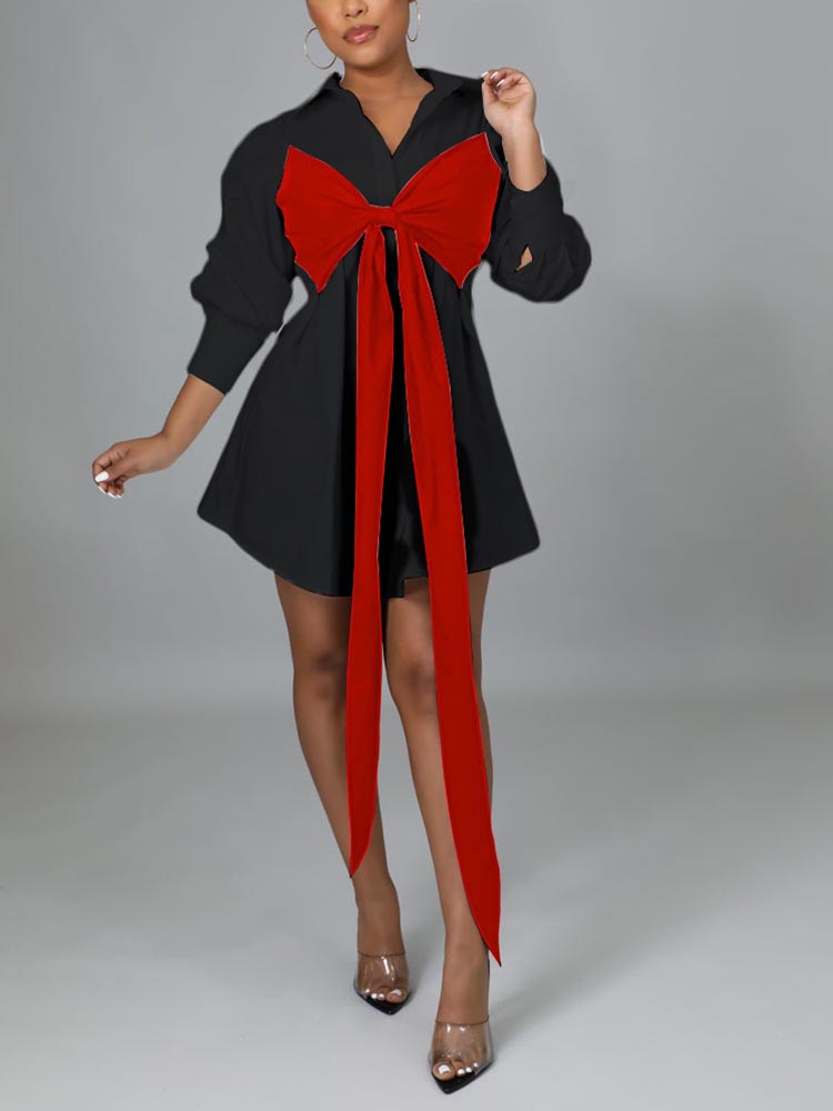 Lace Up Bow Shirt Mini Dress