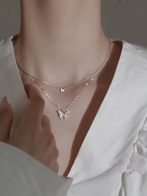Rhinestone Butterfly Pendant Double Layered Necklace