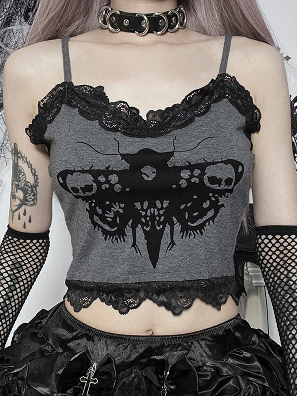 Lace Trim Moth Print Crop Cami Top