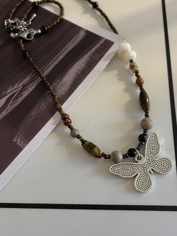Vintage Beads Stone Butterfly Necklace