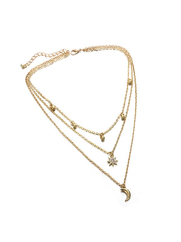 Multi Layered Rhinestone Star Moon Decor Necklace