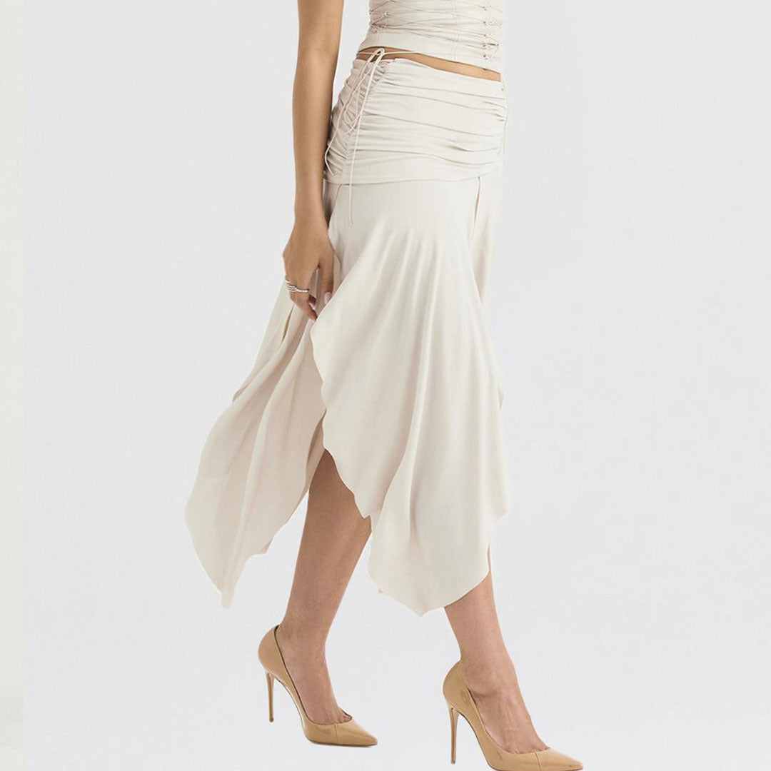 Satin Ruched Side Zipper Drop Waist Midi Skirt - Beige
