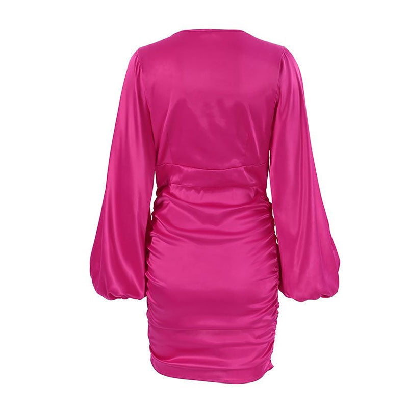 Sleeve V Neck Party Mini Dress - Hot Pink
