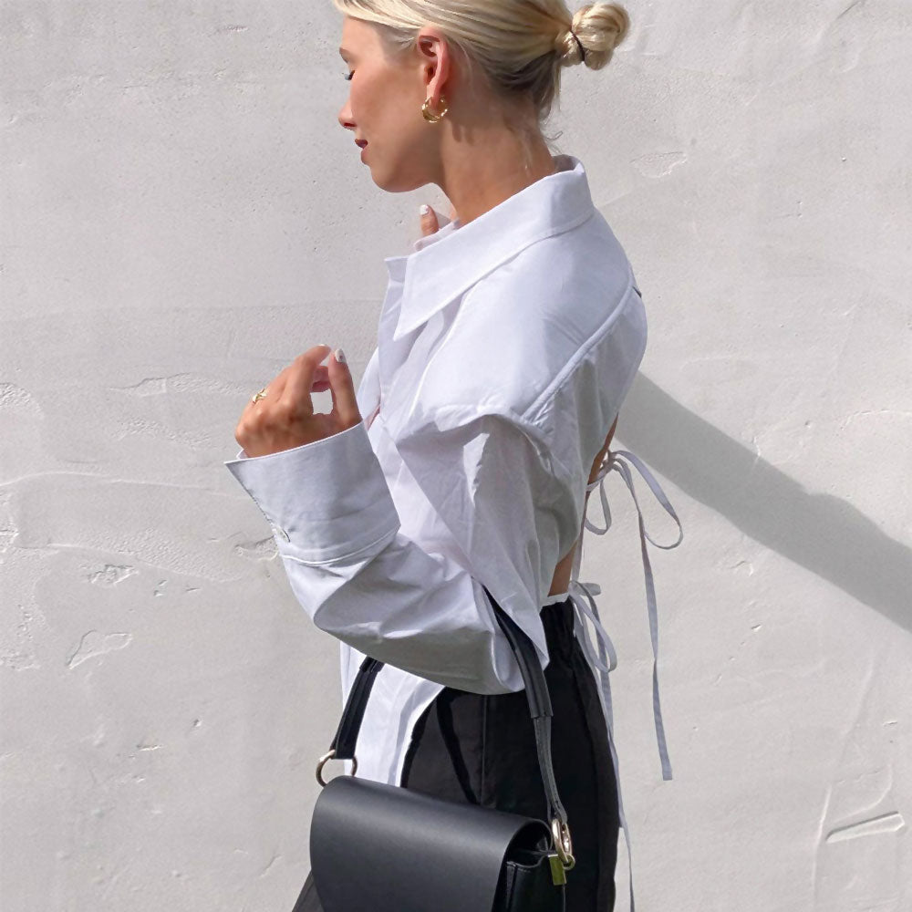 Shoulder Pad Pointed Collar Tie String Blouse - White