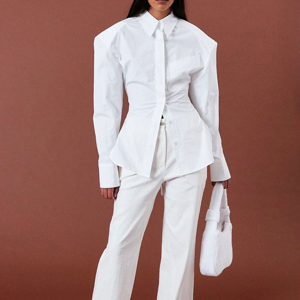 Shoulder Pad Pointed Collar Tie String Blouse - White