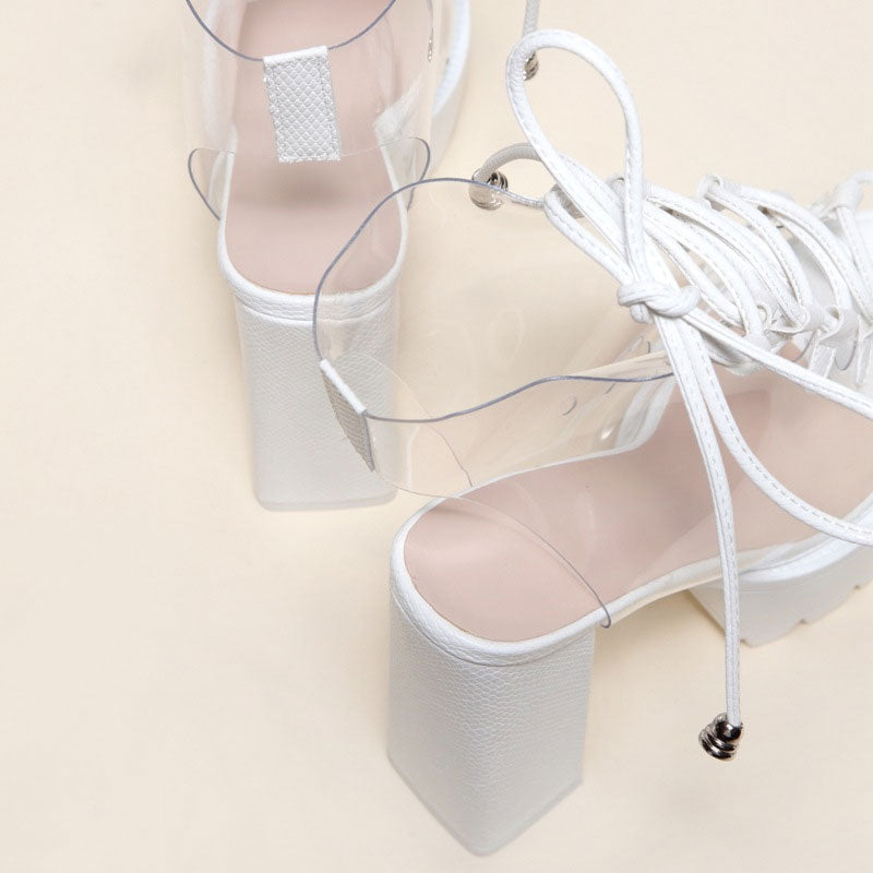 Lace Up Peep Toe Lug Sole Chunky High Heel Platform Boots - White