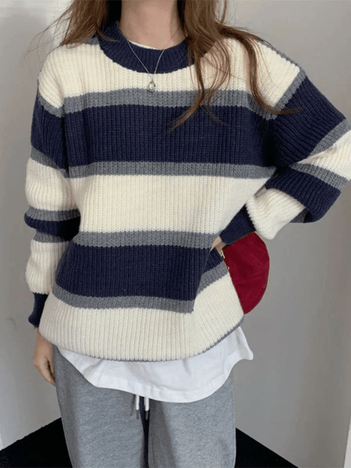 Color Block Striped Knit Sweater
