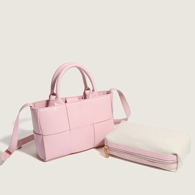 Cute Solid Color Intrecciato Vegan Top Handle Tote Bag - Pink