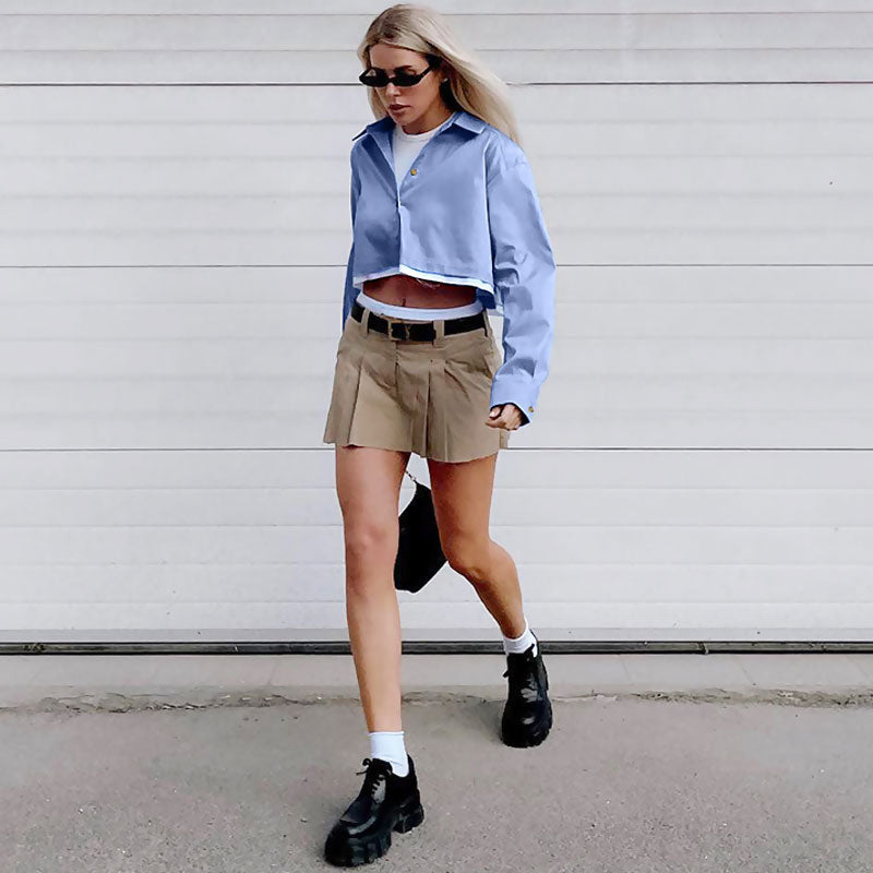 Deconstructed Distressed Trim Long Sleeve Crop Shirt - Blue