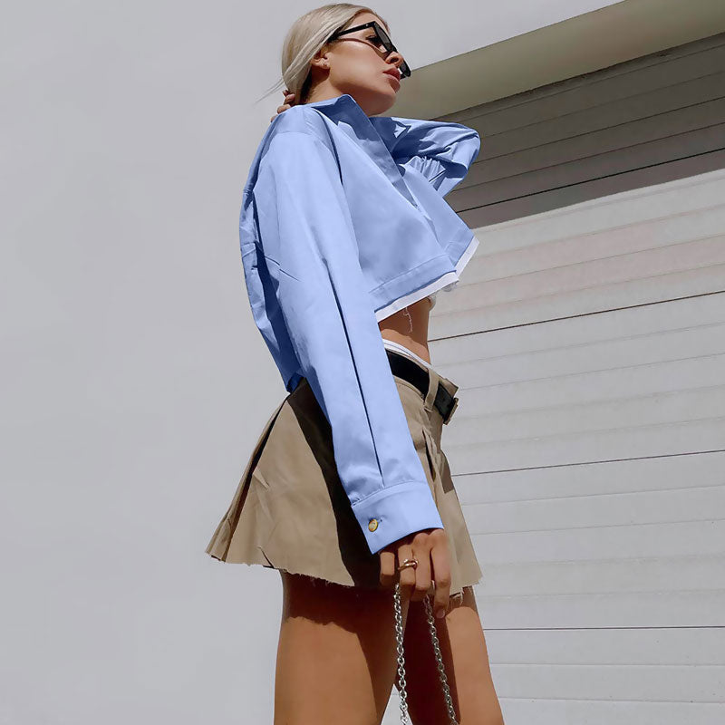 Deconstructed Distressed Trim Long Sleeve Crop Shirt - Blue