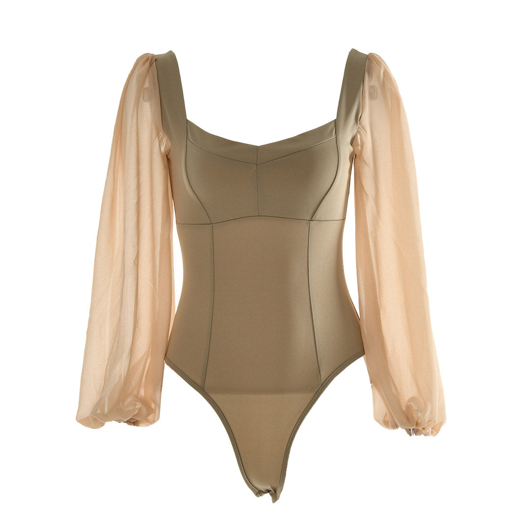 High Cut Mesh Puff Sleeves Sweetheart Bodysuit - Khaki