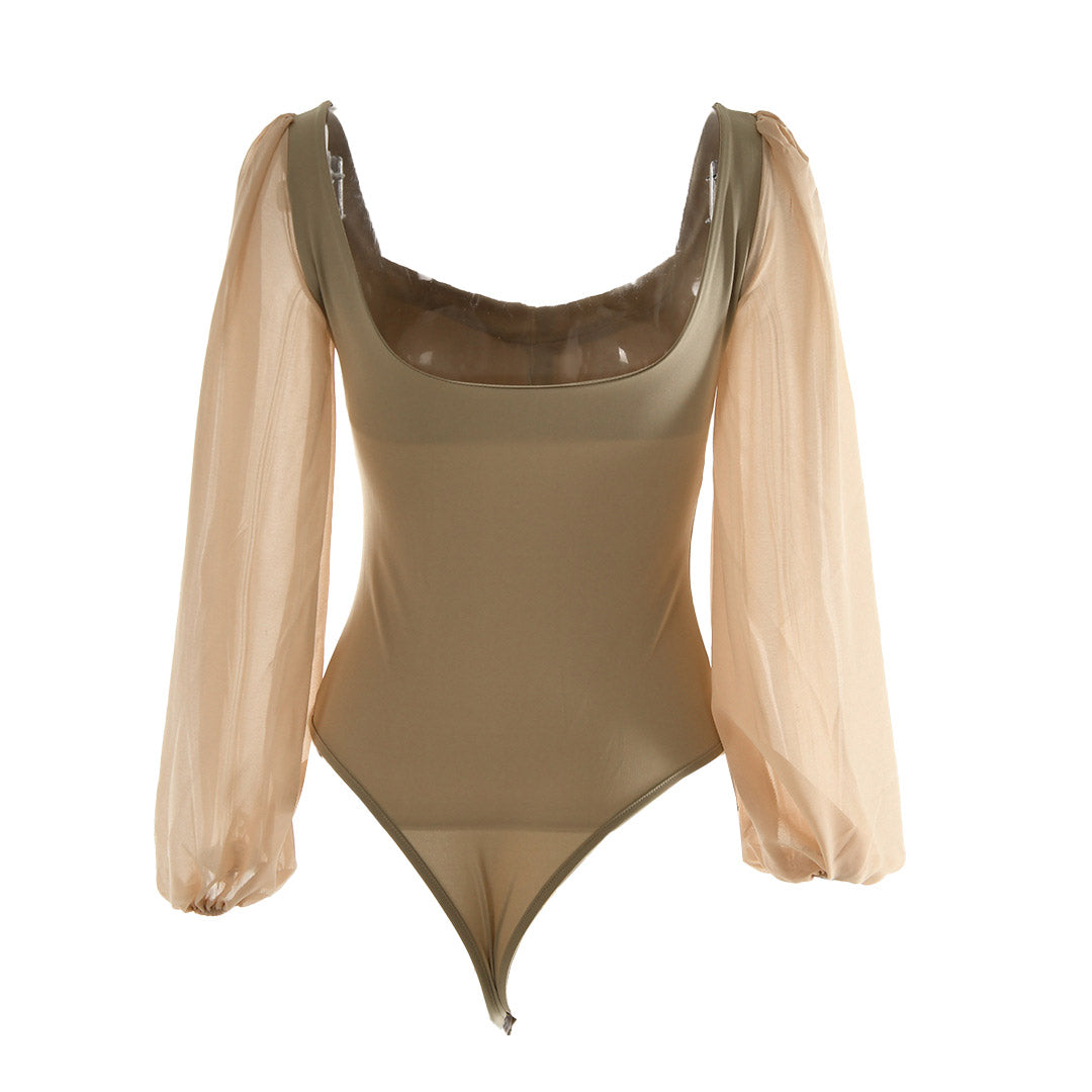 High Cut Mesh Puff Sleeves Sweetheart Bodysuit - Khaki