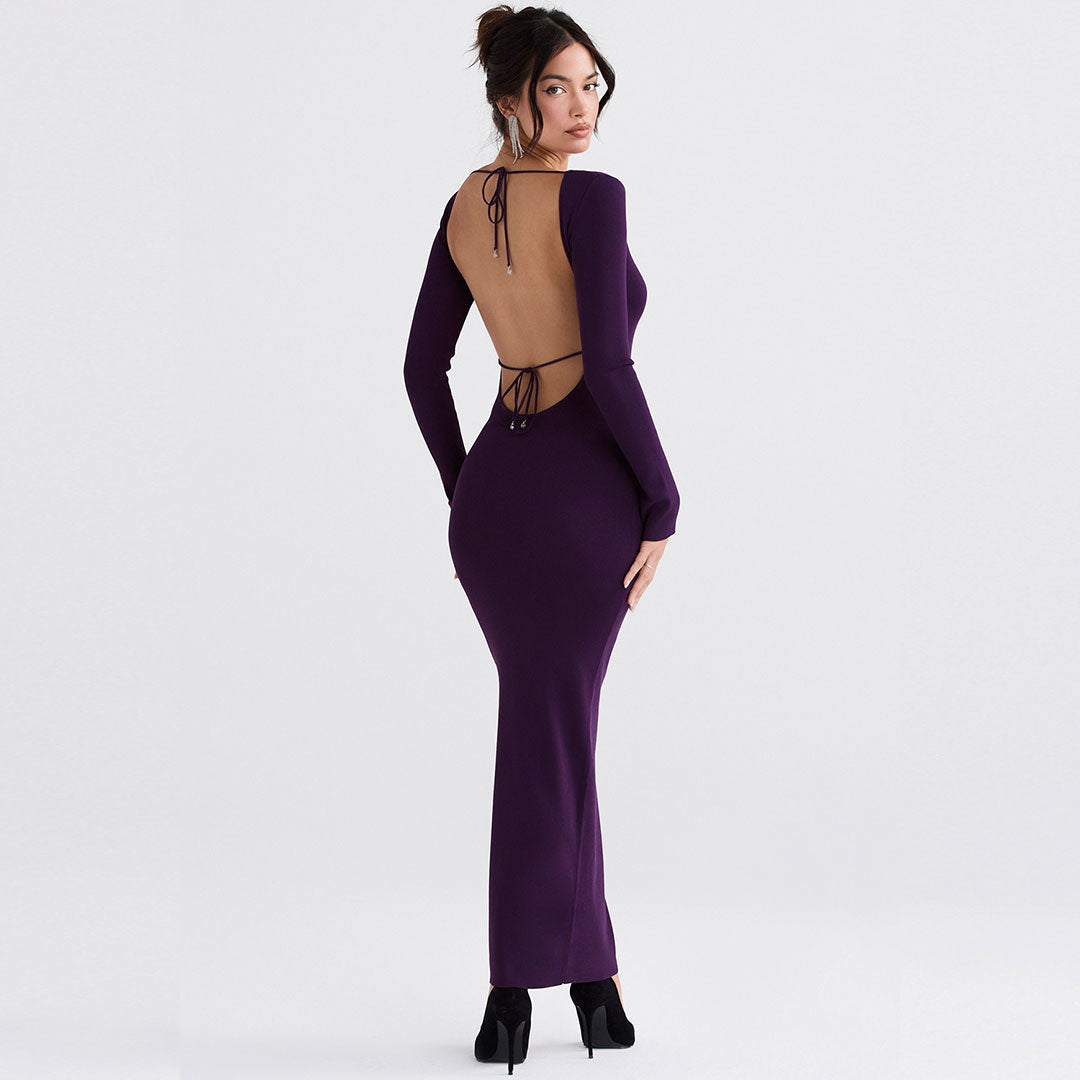 Solid Color Long Sleeve Bodycon Maxi Dress - Purple