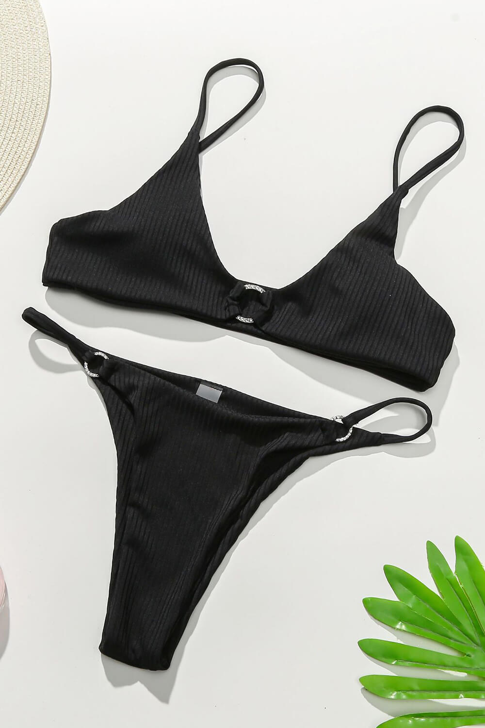 Black Ribbed O-Ring Strappy Bikini Bottoms