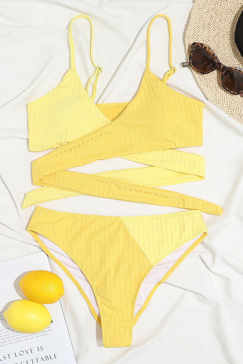 Yellow Rib Criss-Cross Colorblock Spliced Bikini Top