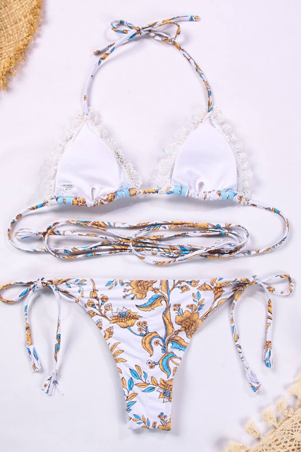 Spring Floral Print Triangle Wrap Tie Bikini Set With Frill Detailing