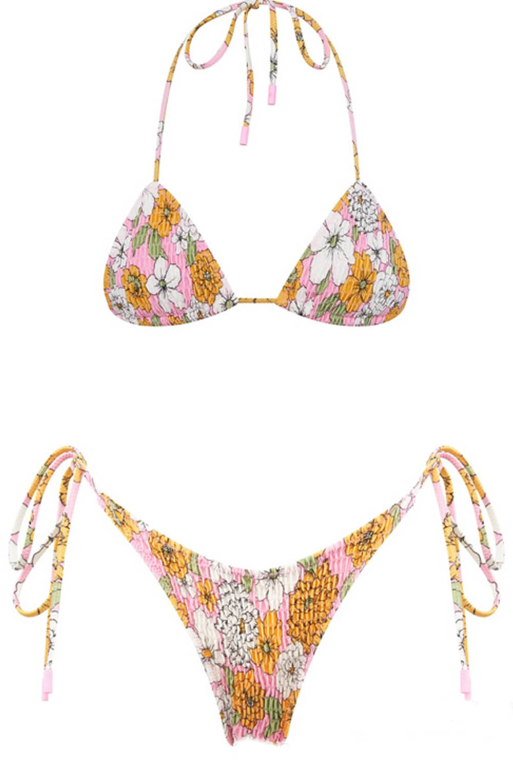 Orange Floral Crinkle Halter Tie Side Bikini Set