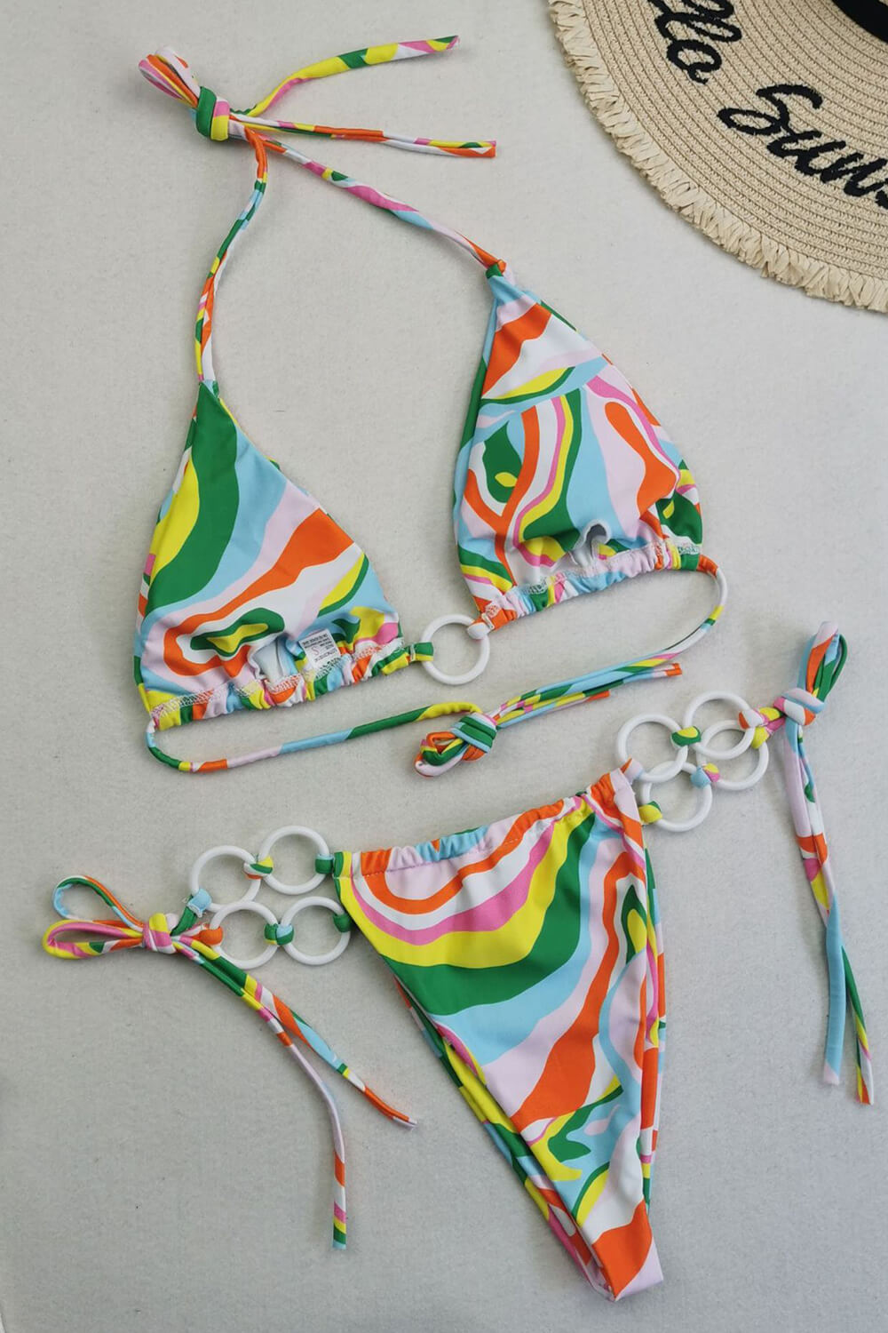 Vintage Patterned Triangle Halter Tie Side Bikini Set With O-Ring Detail