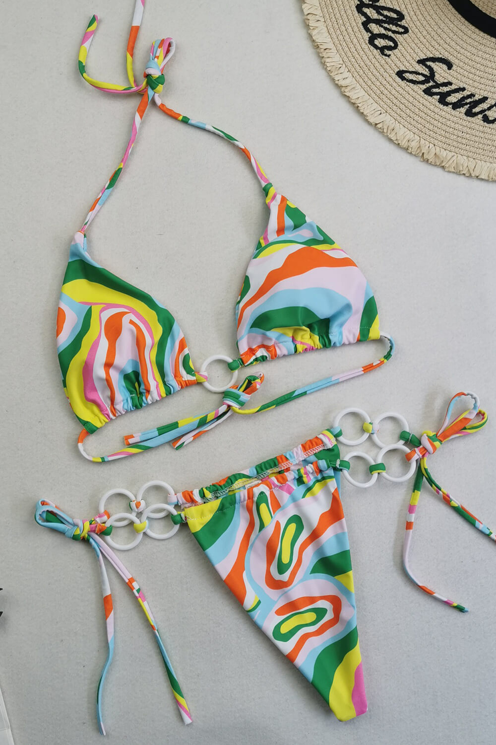 Vintage Patterned Triangle Halter Tie Side Bikini Set With O-Ring Detail