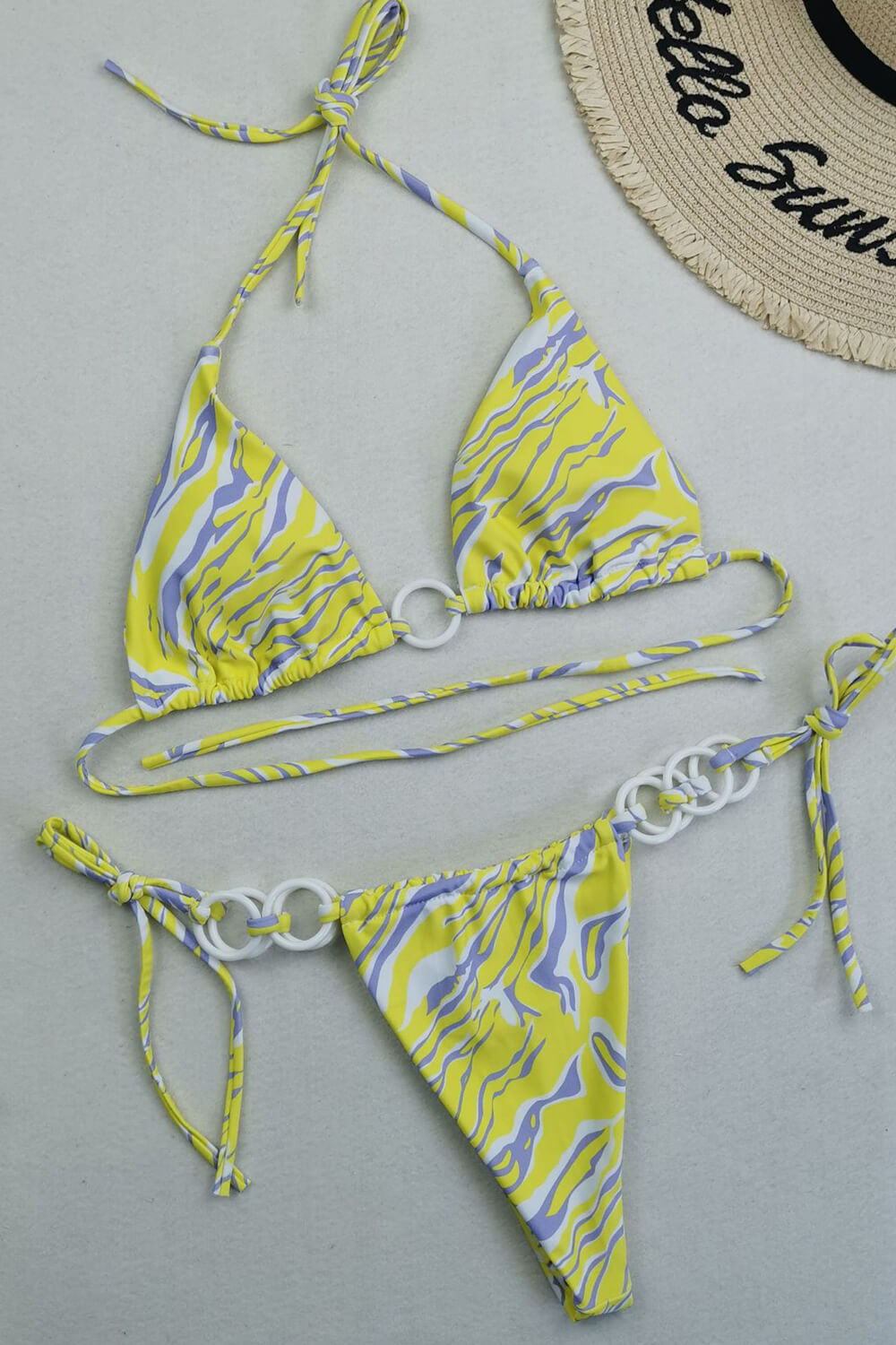 Vintage Patterned Triangle Halter Tie Side Bikini Set With O-Ring Detail