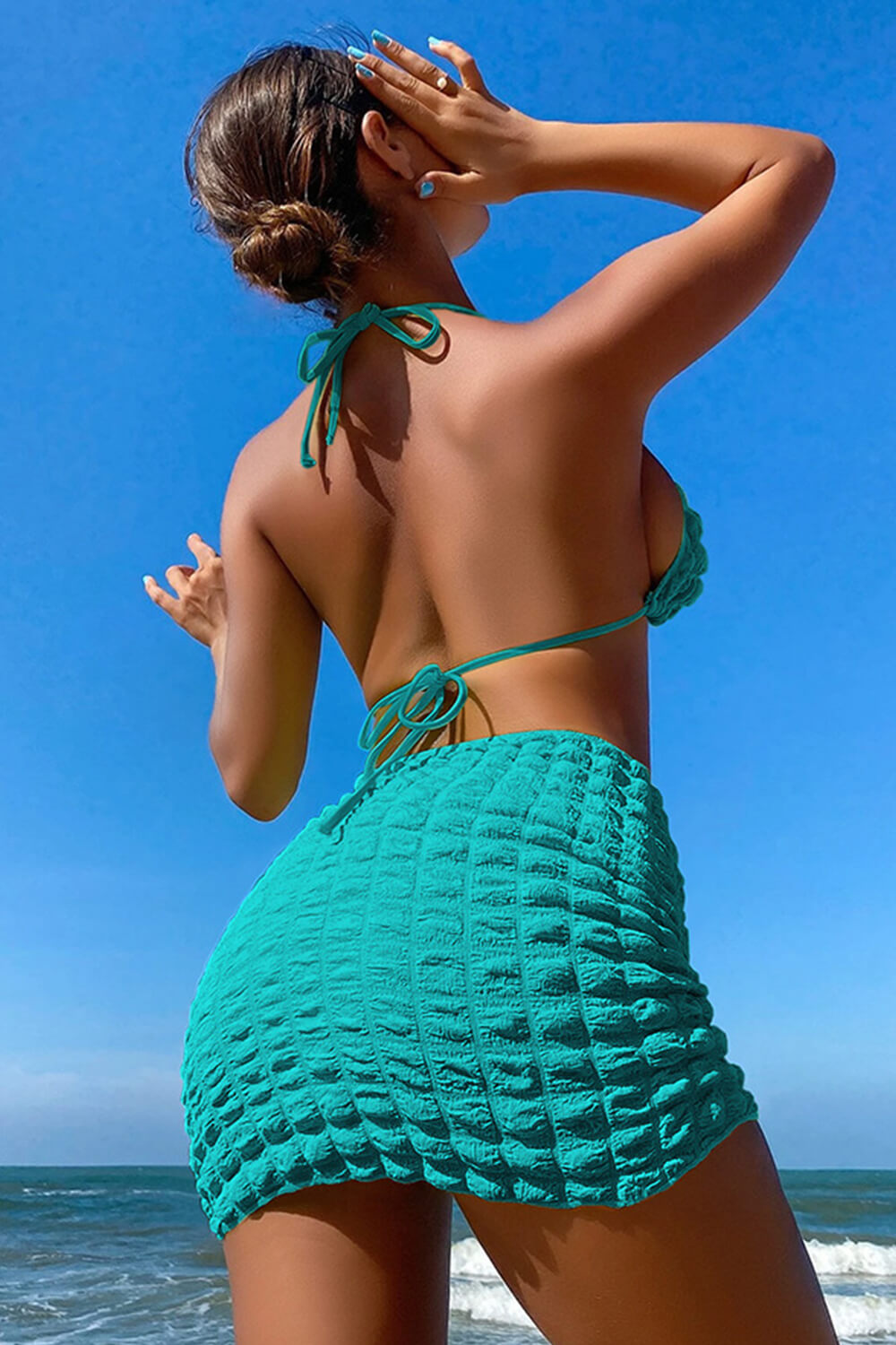 Terry Towel Ring Halter Triangle High-Cut Bikini Set With Lace Up Sarong Mini Skirt