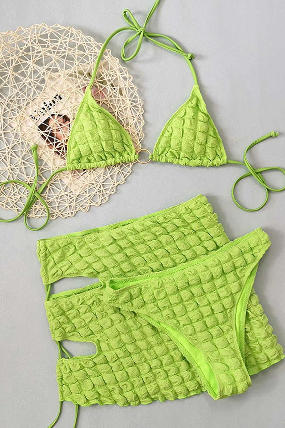 Terry Towel Ring Halter Triangle High-Cut Bikini Set With Lace Up Sarong Mini Skirt