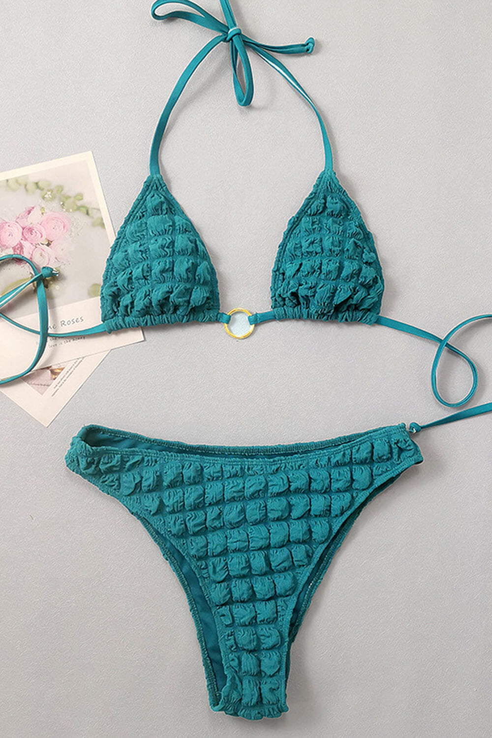 Terry Towel Ring Halter Triangle High-Cut Bikini Set With Lace Up Sarong Mini Skirt