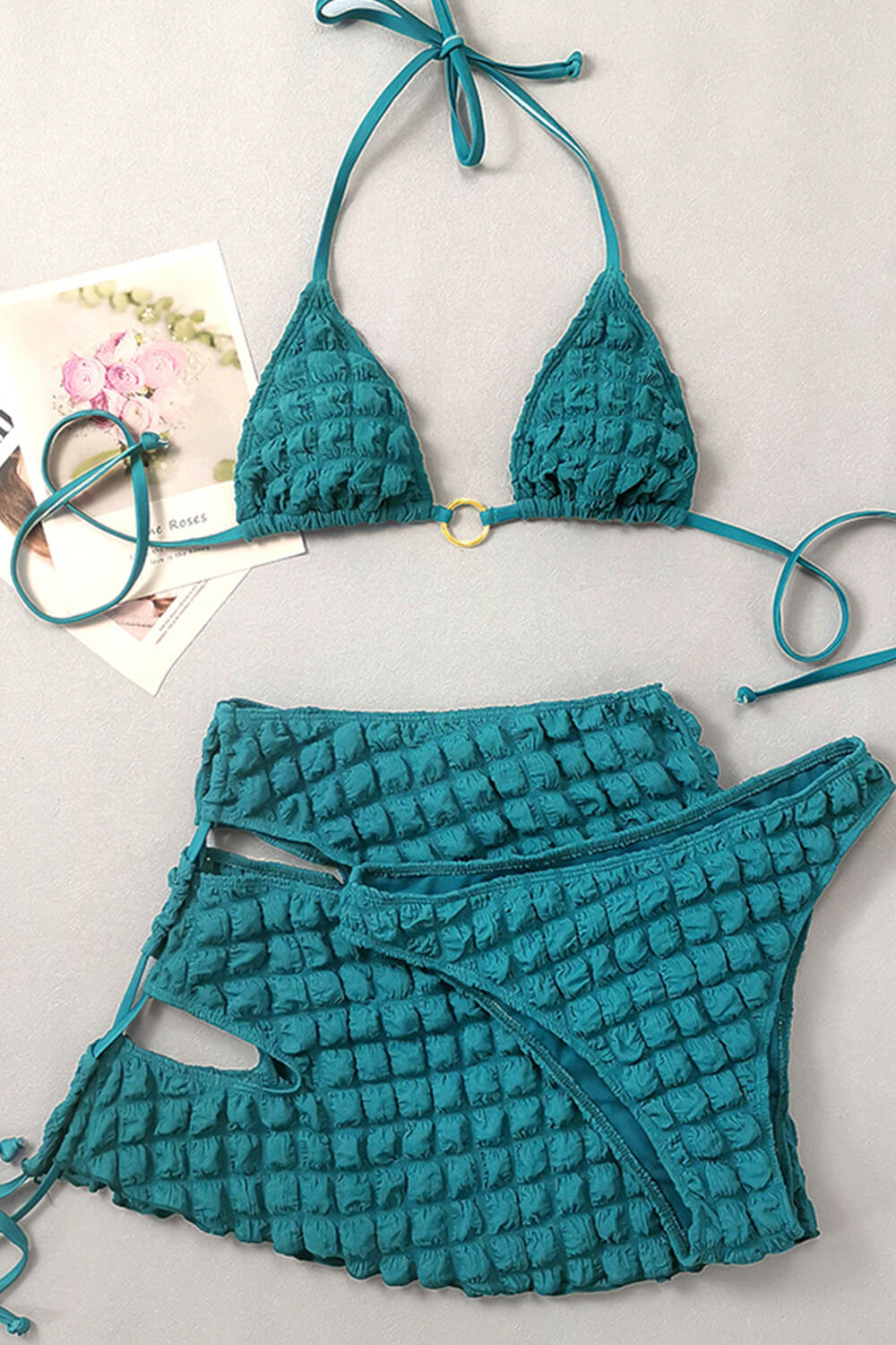 Terry Towel Ring Halter Triangle High-Cut Bikini Set With Lace Up Sarong Mini Skirt