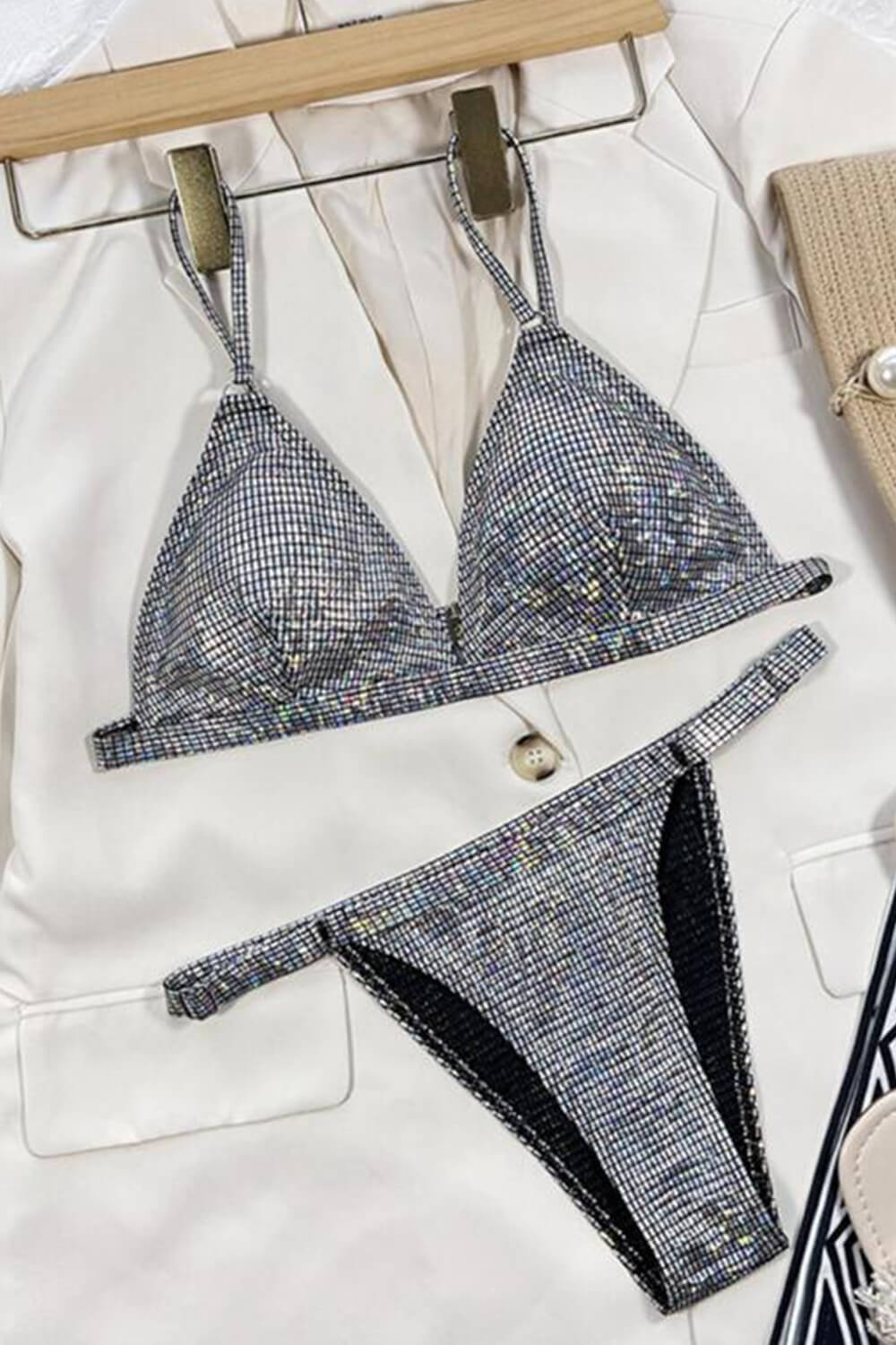 Metallic Silver Ring Triangle Thong Bikini Set