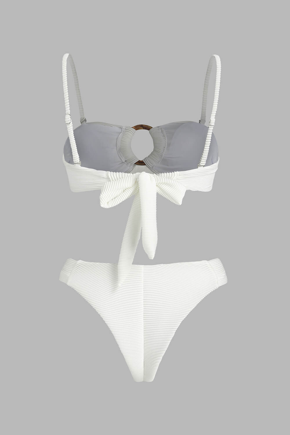 Ribbed Bandeau Tie Back Bikini Set With Tortoise Shell O-Ring Detail - White