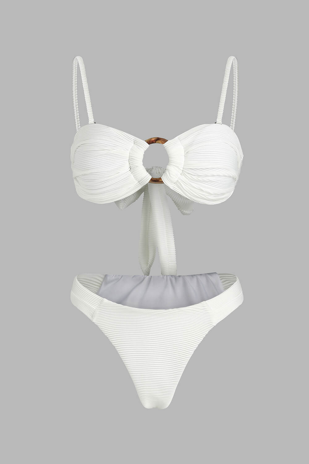 Ribbed Bandeau Tie Back Bikini Set With Tortoise Shell O-Ring Detail - White