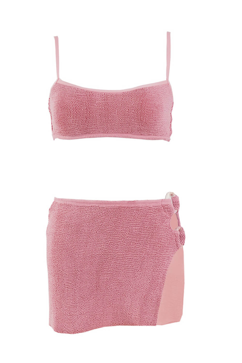 Crinkle Bandeau Bikini Set With Double O-Ring Side Split Beach Skirt - Lightcoral