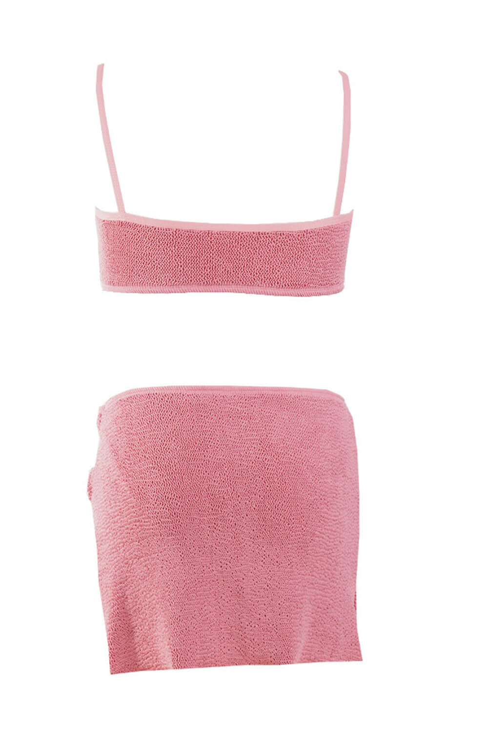 Crinkle Bandeau Bikini Set With Double O-Ring Side Split Beach Skirt - Lightcoral