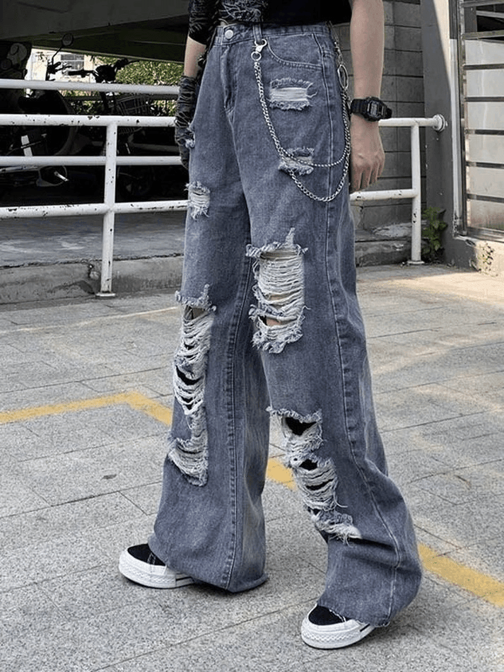 Frayed Detail High Waist Ripped Jeans