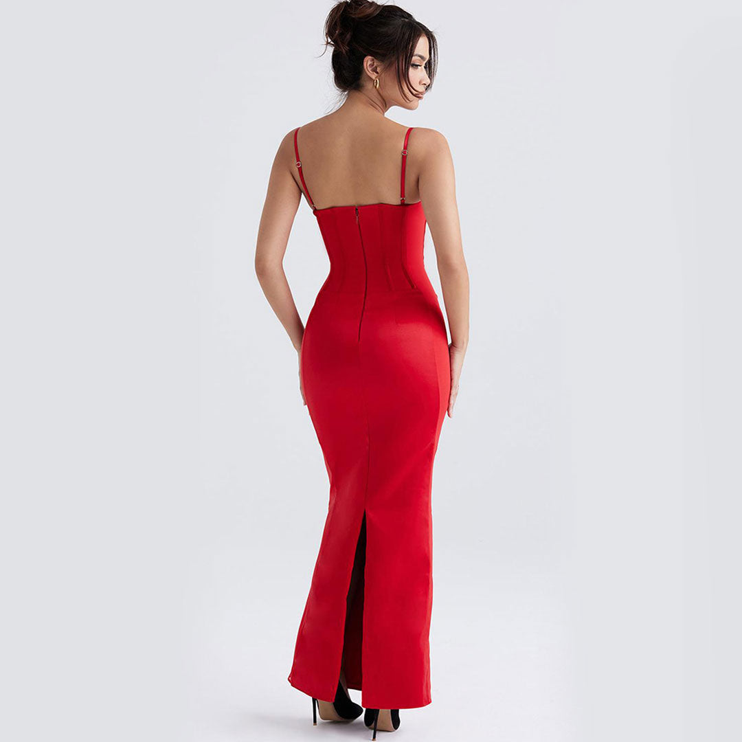 Sleeveless Corset Evening Maxi Dress - Red