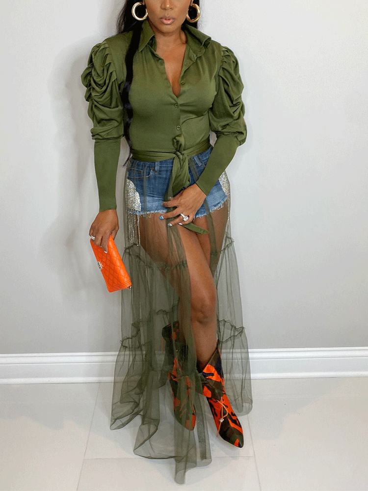 V-neck Shirt Mesh Patchwork Dress