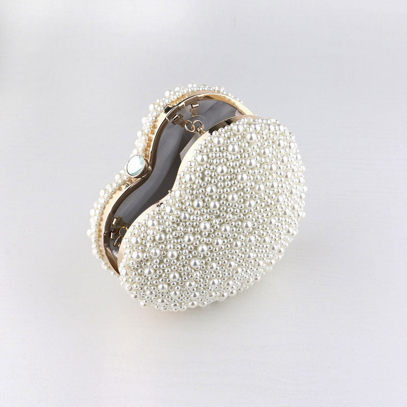 Lavish Pearl Crystal Embellished Heart Shaped Handle Bag - Beige