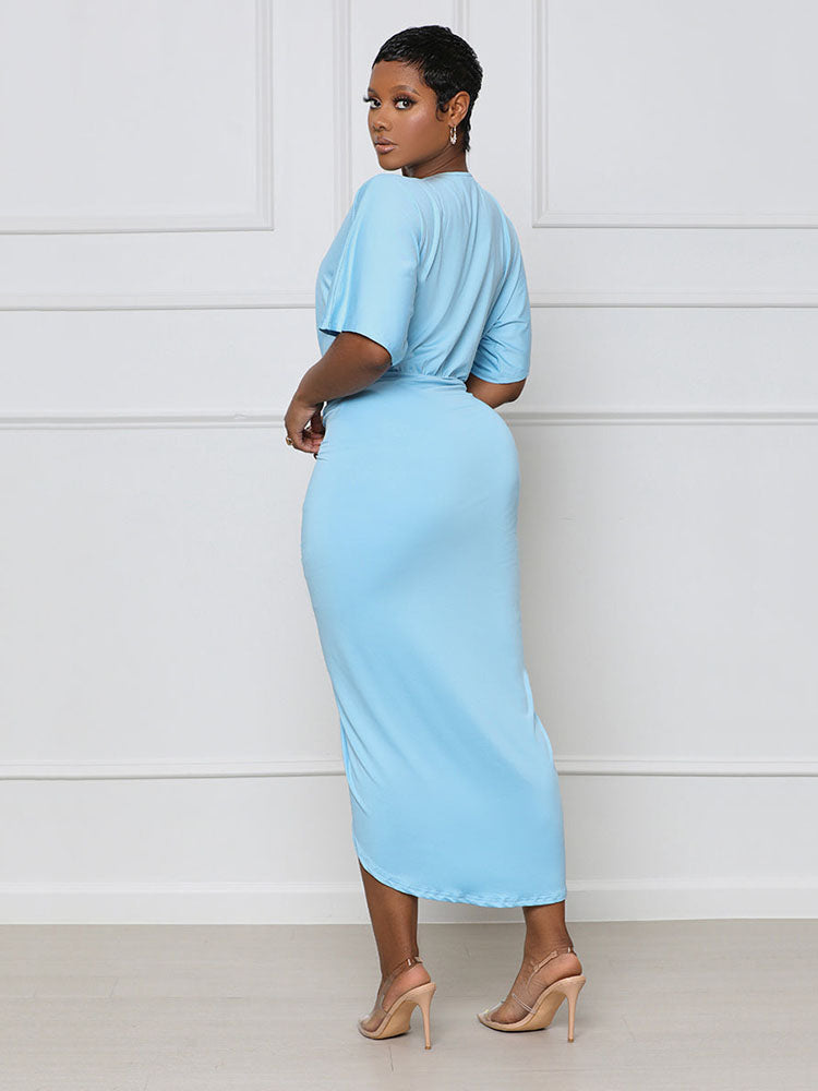 V Neck Ruched Midi Dress