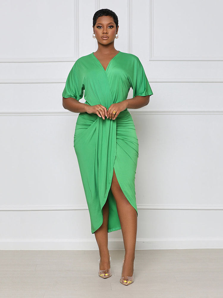 V Neck Ruched Midi Dress