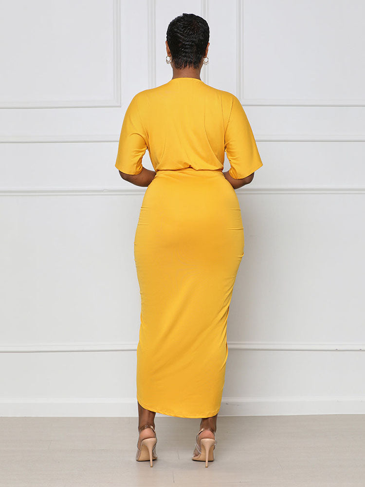 V Neck Ruched Midi Dress