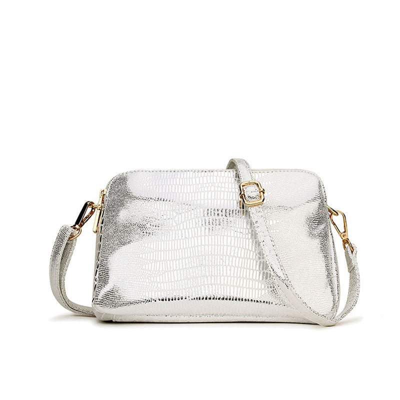Laminated Animal Pattern Double Zip Crossbody Bag - Silver