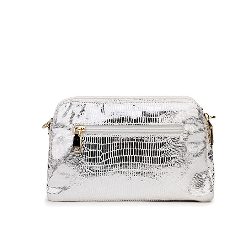 Laminated Animal Pattern Double Zip Crossbody Bag - Silver