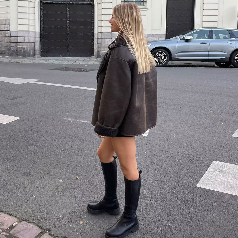 Notch Collar Long Sleeve Suede Shearling Coat - Coffee